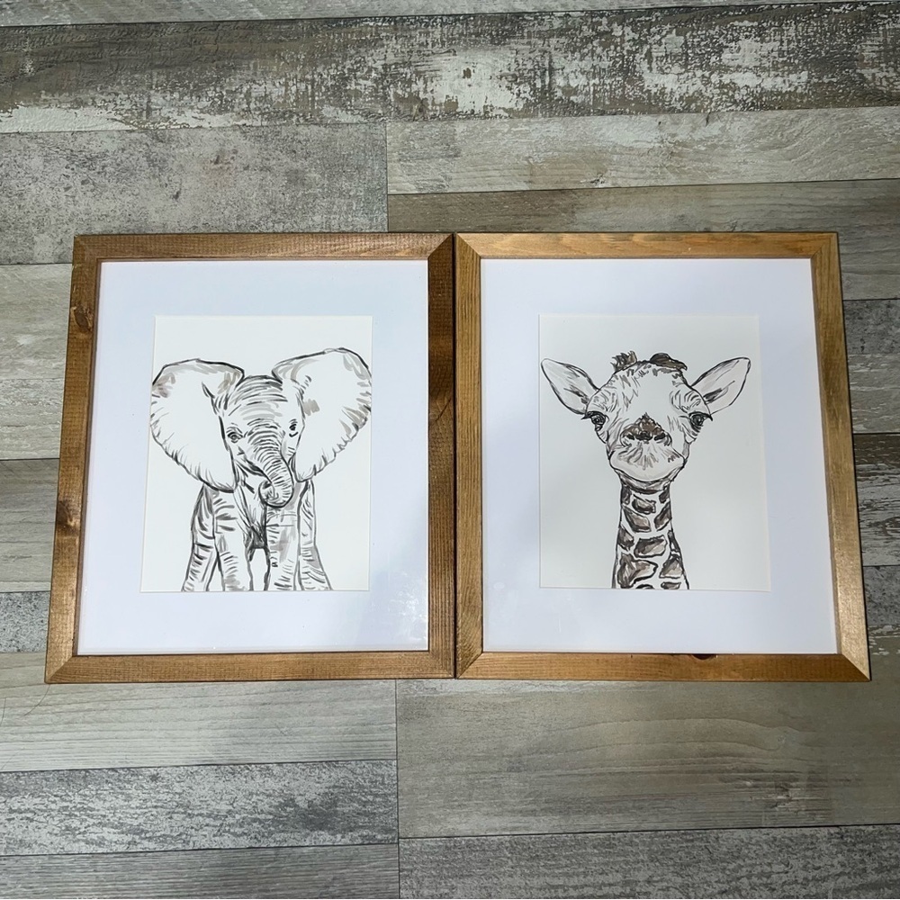 Framed Elephant and Giraffe Art Prints